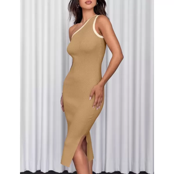 imageZESICA Womens Summer One Shoulder Bodycon Midi Dresses 2024 Casual Sleeveless Ribbed Knit Side Slit Sweater DressToffee