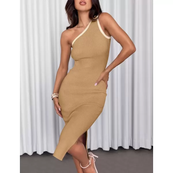 imageZESICA Womens Summer One Shoulder Bodycon Midi Dresses 2024 Casual Sleeveless Ribbed Knit Side Slit Sweater DressToffee