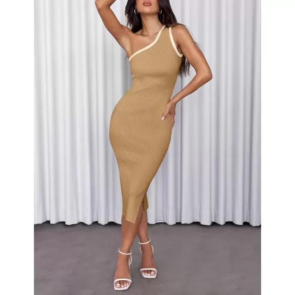 imageZESICA Womens Summer One Shoulder Bodycon Midi Dresses 2024 Casual Sleeveless Ribbed Knit Side Slit Sweater DressToffee