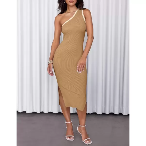 imageZESICA Womens Summer One Shoulder Bodycon Midi Dresses 2024 Casual Sleeveless Ribbed Knit Side Slit Sweater DressToffee