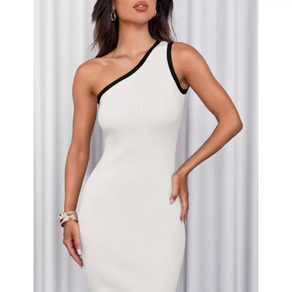 imageZESICA Womens Summer One Shoulder Bodycon Midi Dresses 2024 Casual Sleeveless Ribbed Knit Side Slit Sweater DressWhite