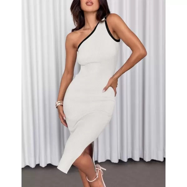 imageZESICA Womens Summer One Shoulder Bodycon Midi Dresses 2024 Casual Sleeveless Ribbed Knit Side Slit Sweater DressWhite