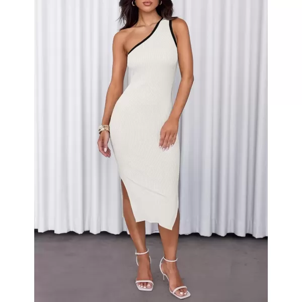 imageZESICA Womens Summer One Shoulder Bodycon Midi Dresses 2024 Casual Sleeveless Ribbed Knit Side Slit Sweater DressWhite
