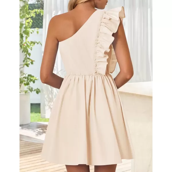 imageZESICA Womens Summer One Shoulder Ruffle Dress 2024 Boho Sleeveless Elastic High Waist Swing Mini DressesApricot