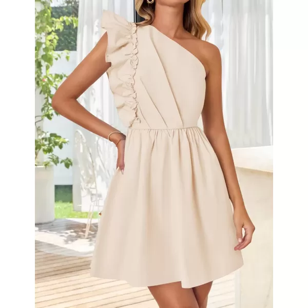 imageZESICA Womens Summer One Shoulder Ruffle Dress 2024 Boho Sleeveless Elastic High Waist Swing Mini DressesApricot