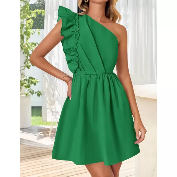 imageZESICA Womens Summer One Shoulder Ruffle Dress 2024 Boho Sleeveless Elastic High Waist Swing Mini DressesDark Green