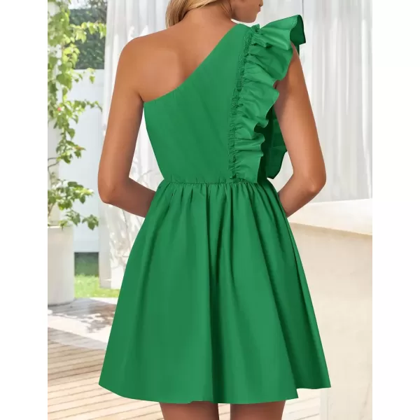 imageZESICA Womens Summer One Shoulder Ruffle Dress 2024 Boho Sleeveless Elastic High Waist Swing Mini DressesDark Green