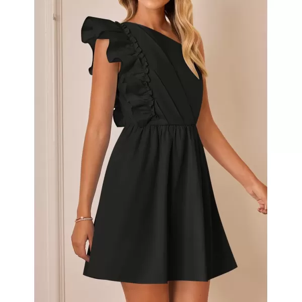 imageZESICA Womens Summer One Shoulder Ruffle Dress 2024 Boho Sleeveless Elastic High Waist Swing Mini DressesDim