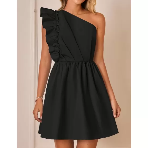 imageZESICA Womens Summer One Shoulder Ruffle Dress 2024 Boho Sleeveless Elastic High Waist Swing Mini DressesDim