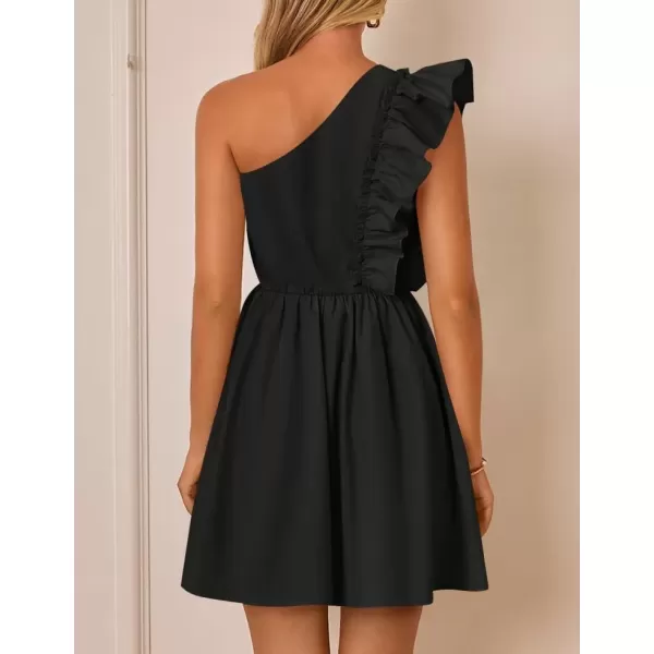 imageZESICA Womens Summer One Shoulder Ruffle Dress 2024 Boho Sleeveless Elastic High Waist Swing Mini DressesDim