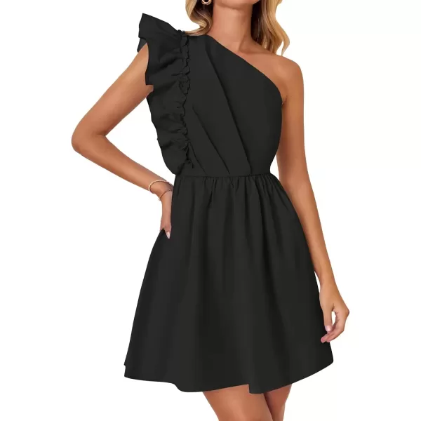 imageZESICA Womens Summer One Shoulder Ruffle Dress 2024 Boho Sleeveless Elastic High Waist Swing Mini DressesDim
