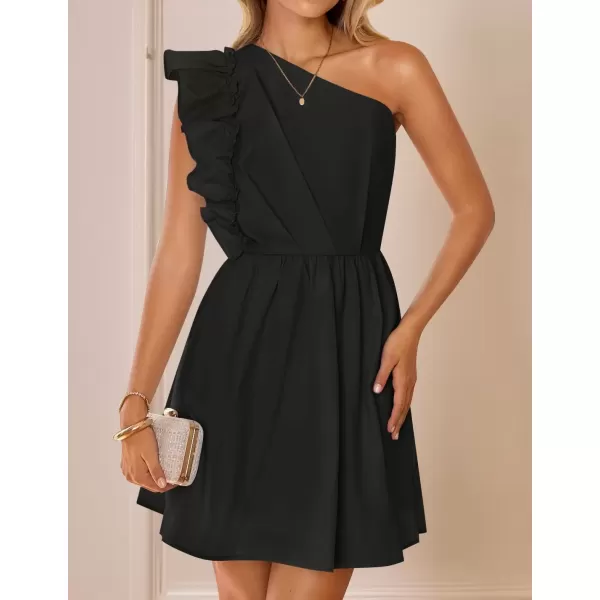 imageZESICA Womens Summer One Shoulder Ruffle Dress 2024 Boho Sleeveless Elastic High Waist Swing Mini DressesDim
