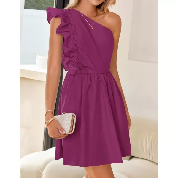 imageZESICA Womens Summer One Shoulder Ruffle Dress 2024 Boho Sleeveless Elastic High Waist Swing Mini DressesFuchsia