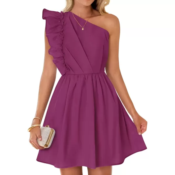 imageZESICA Womens Summer One Shoulder Ruffle Dress 2024 Boho Sleeveless Elastic High Waist Swing Mini DressesFuchsia