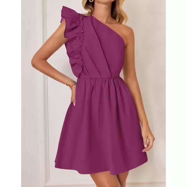 imageZESICA Womens Summer One Shoulder Ruffle Dress 2024 Boho Sleeveless Elastic High Waist Swing Mini DressesFuchsia