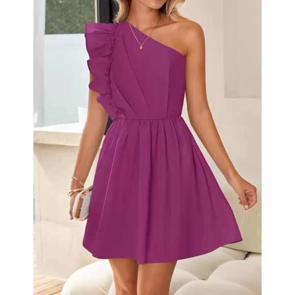 imageZESICA Womens Summer One Shoulder Ruffle Dress 2024 Boho Sleeveless Elastic High Waist Swing Mini DressesFuchsia