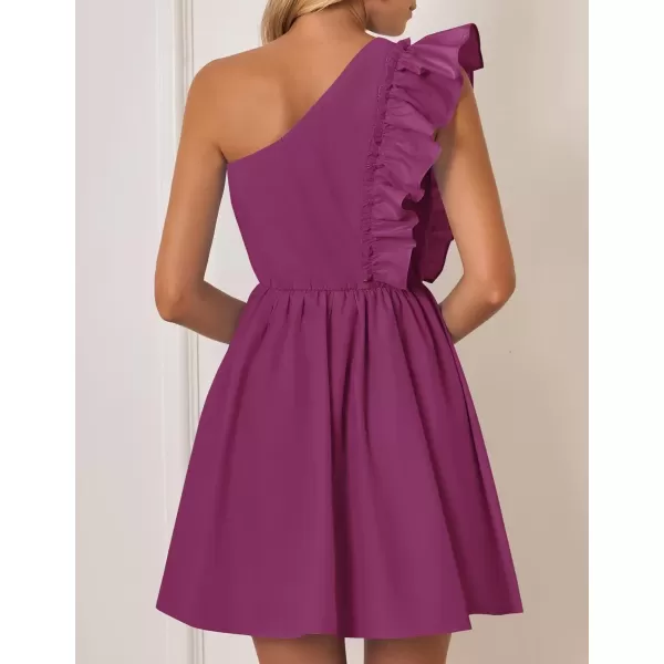 imageZESICA Womens Summer One Shoulder Ruffle Dress 2024 Boho Sleeveless Elastic High Waist Swing Mini DressesFuchsia