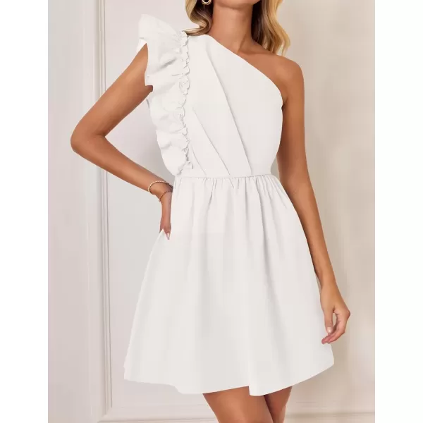 imageZESICA Womens Summer One Shoulder Ruffle Dress 2024 Boho Sleeveless Elastic High Waist Swing Mini DressesIvory
