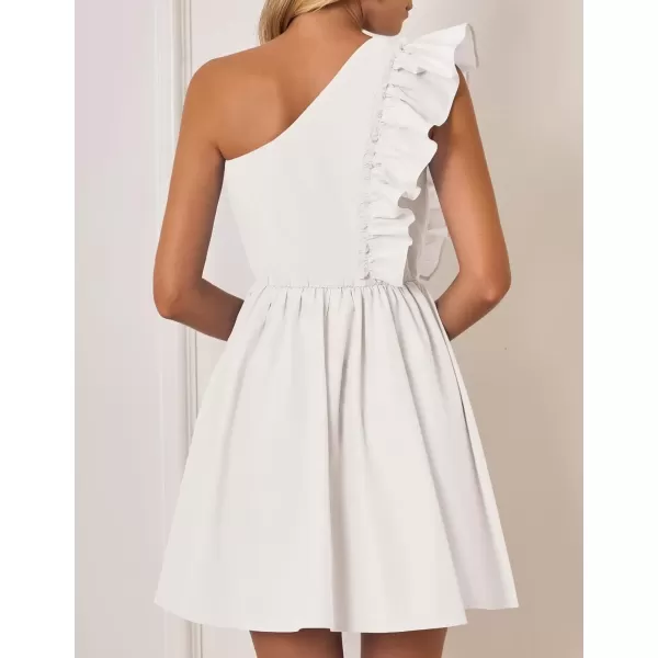 imageZESICA Womens Summer One Shoulder Ruffle Dress 2024 Boho Sleeveless Elastic High Waist Swing Mini DressesIvory