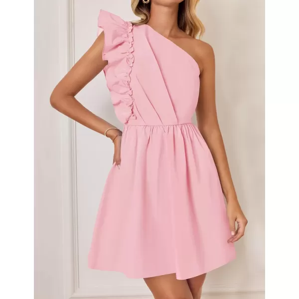 imageZESICA Womens Summer One Shoulder Ruffle Dress 2024 Boho Sleeveless Elastic High Waist Swing Mini DressesPink