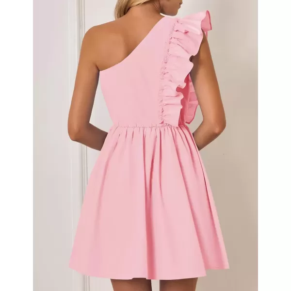 imageZESICA Womens Summer One Shoulder Ruffle Dress 2024 Boho Sleeveless Elastic High Waist Swing Mini DressesPink