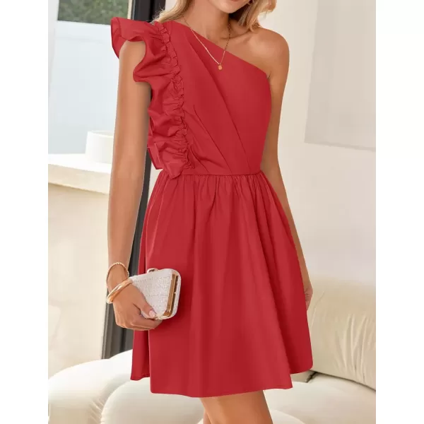 imageZESICA Womens Summer One Shoulder Ruffle Dress 2024 Boho Sleeveless Elastic High Waist Swing Mini DressesRed