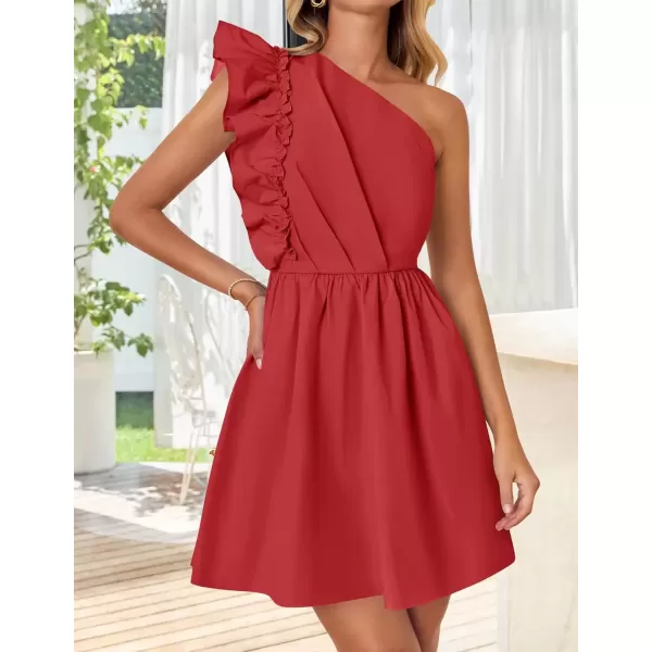 imageZESICA Womens Summer One Shoulder Ruffle Dress 2024 Boho Sleeveless Elastic High Waist Swing Mini DressesRed