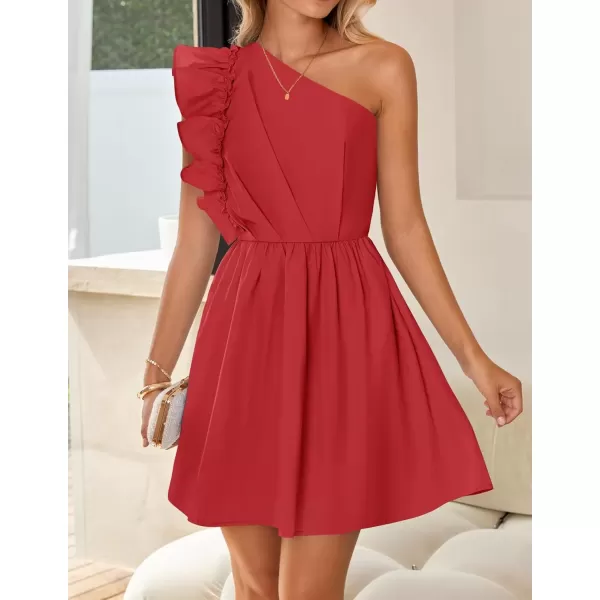 imageZESICA Womens Summer One Shoulder Ruffle Dress 2024 Boho Sleeveless Elastic High Waist Swing Mini DressesRed