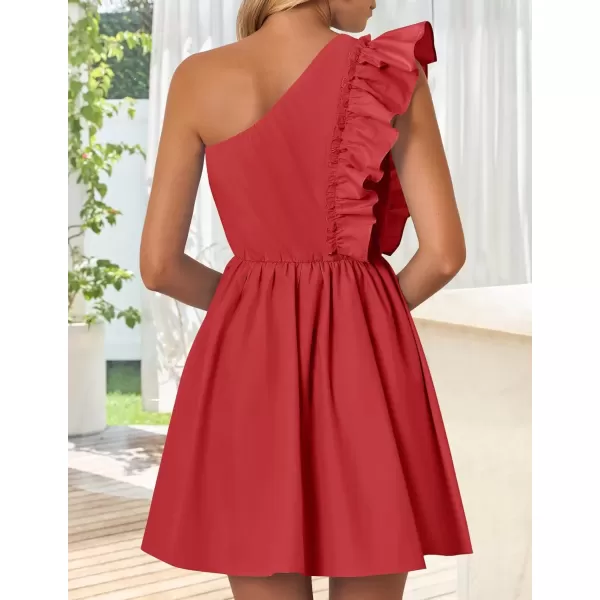 imageZESICA Womens Summer One Shoulder Ruffle Dress 2024 Boho Sleeveless Elastic High Waist Swing Mini DressesRed
