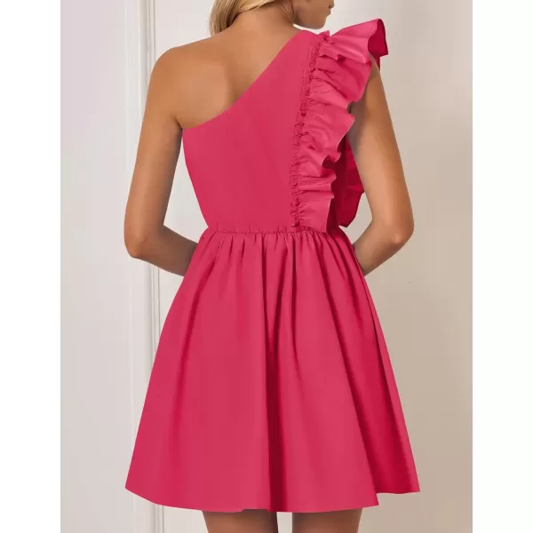 imageZESICA Womens Summer One Shoulder Ruffle Dress 2024 Boho Sleeveless Elastic High Waist Swing Mini DressesRose