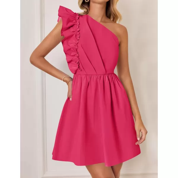 imageZESICA Womens Summer One Shoulder Ruffle Dress 2024 Boho Sleeveless Elastic High Waist Swing Mini DressesRose