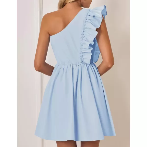 imageZESICA Womens Summer One Shoulder Ruffle Dress 2024 Boho Sleeveless Elastic High Waist Swing Mini DressesSky