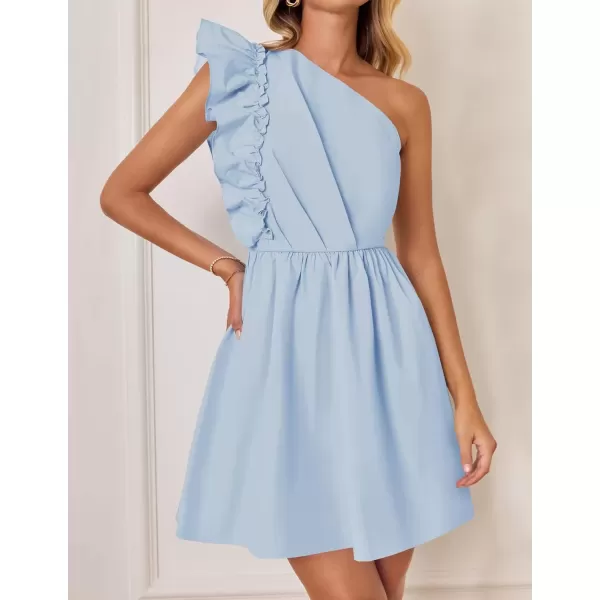imageZESICA Womens Summer One Shoulder Ruffle Dress 2024 Boho Sleeveless Elastic High Waist Swing Mini DressesSky