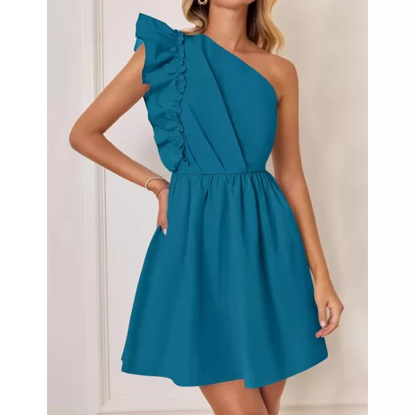 imageZESICA Womens Summer One Shoulder Ruffle Dress 2024 Boho Sleeveless Elastic High Waist Swing Mini DressesTeal Blue