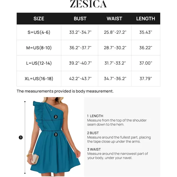 imageZESICA Womens Summer One Shoulder Ruffle Dress 2024 Boho Sleeveless Elastic High Waist Swing Mini DressesTeal Blue