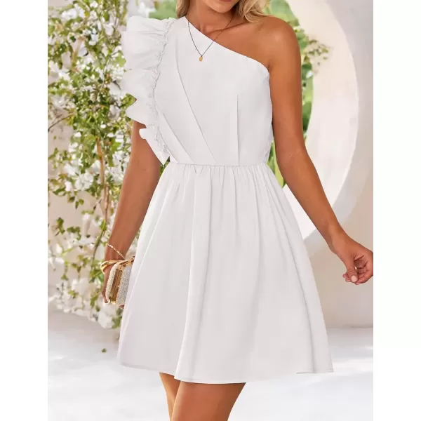 imageZESICA Womens Summer One Shoulder Ruffle Dress 2024 Boho Sleeveless Elastic High Waist Swing Mini DressesWhite