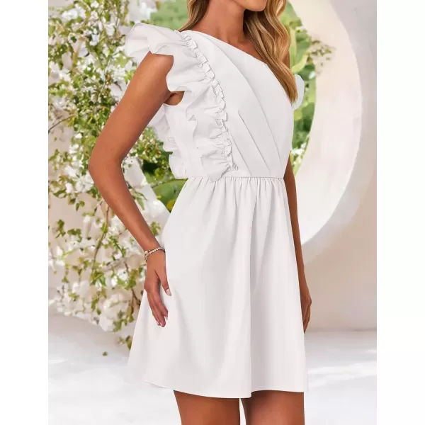 imageZESICA Womens Summer One Shoulder Ruffle Dress 2024 Boho Sleeveless Elastic High Waist Swing Mini DressesWhite