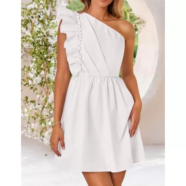 imageZESICA Womens Summer One Shoulder Ruffle Dress 2024 Boho Sleeveless Elastic High Waist Swing Mini DressesWhite