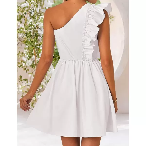 imageZESICA Womens Summer One Shoulder Ruffle Dress 2024 Boho Sleeveless Elastic High Waist Swing Mini DressesWhite