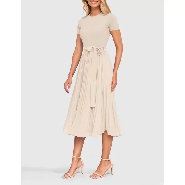 imageZESICA Womens Summer Short Sleeve Midi Dresses Spring Casual Crew Neck Knit Belted Pleated A Line Flowy Wedding Guest DressApricot