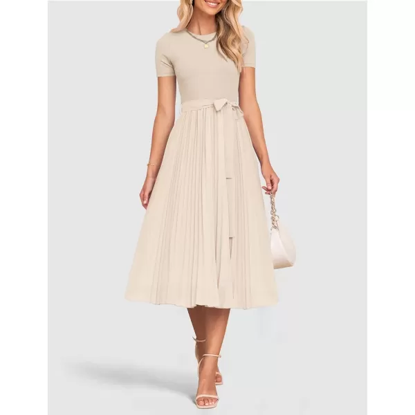 imageZESICA Womens Summer Short Sleeve Midi Dresses Spring Casual Crew Neck Knit Belted Pleated A Line Flowy Wedding Guest DressApricot
