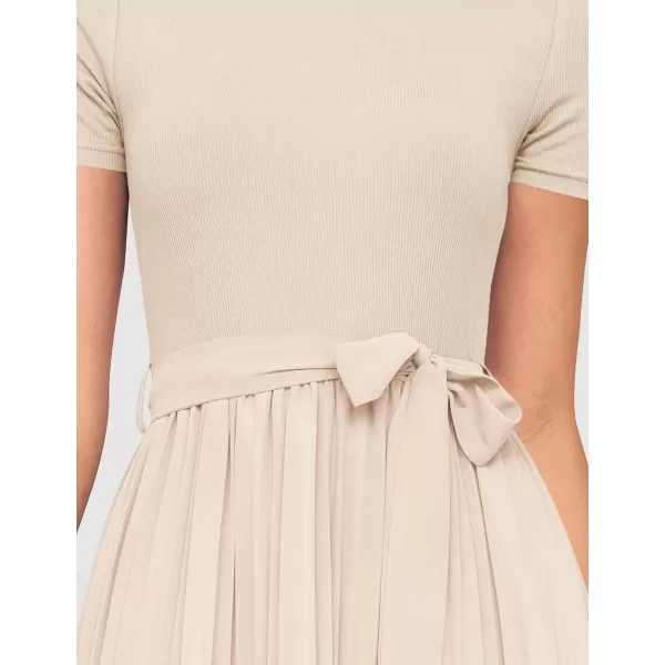 imageZESICA Womens Summer Short Sleeve Midi Dresses Spring Casual Crew Neck Knit Belted Pleated A Line Flowy Wedding Guest DressApricot