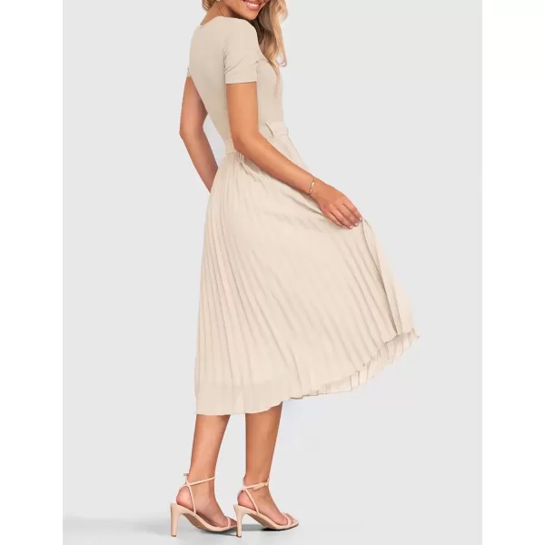 imageZESICA Womens Summer Short Sleeve Midi Dresses Spring Casual Crew Neck Knit Belted Pleated A Line Flowy Wedding Guest DressApricot