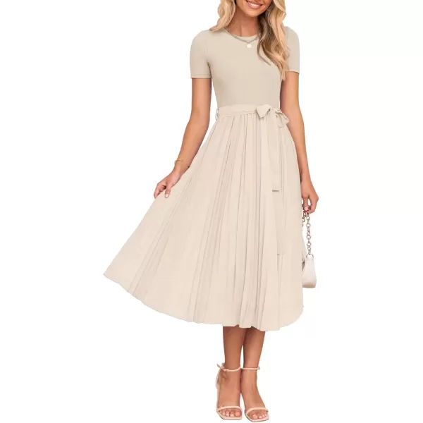 imageZESICA Womens Summer Short Sleeve Midi Dresses Spring Casual Crew Neck Knit Belted Pleated A Line Flowy Wedding Guest DressApricot