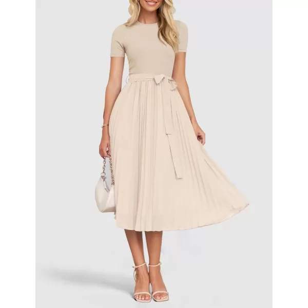 imageZESICA Womens Summer Short Sleeve Midi Dresses Spring Casual Crew Neck Knit Belted Pleated A Line Flowy Wedding Guest DressApricot