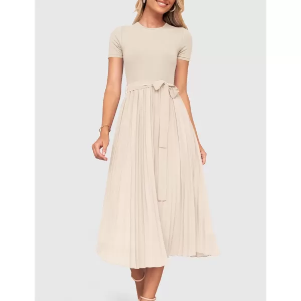 imageZESICA Womens Summer Short Sleeve Midi Dresses Spring Casual Crew Neck Knit Belted Pleated A Line Flowy Wedding Guest DressApricot