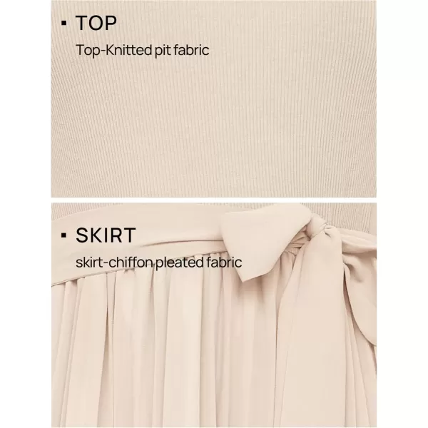 imageZESICA Womens Summer Short Sleeve Midi Dresses Spring Casual Crew Neck Knit Belted Pleated A Line Flowy Wedding Guest DressApricot