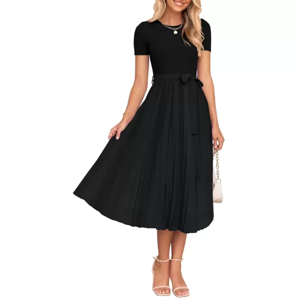 imageZESICA Womens Summer Short Sleeve Midi Dresses Spring Casual Crew Neck Knit Belted Pleated A Line Flowy Wedding Guest DressBlack