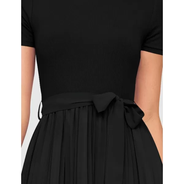 imageZESICA Womens Summer Short Sleeve Midi Dresses Spring Casual Crew Neck Knit Belted Pleated A Line Flowy Wedding Guest DressBlack