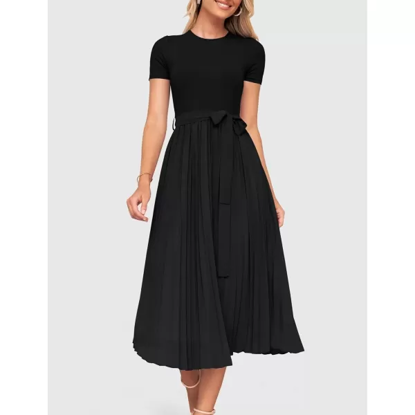 imageZESICA Womens Summer Short Sleeve Midi Dresses Spring Casual Crew Neck Knit Belted Pleated A Line Flowy Wedding Guest DressBlack